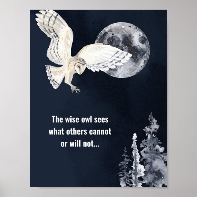Wise Owl Silver Full Moon Motivatie Gezegde Poster (Voorkant)