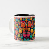 Wise uil heldere kleuren tweekleurige koffiemok (Voorkant links)