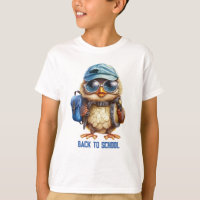 Wise Uil met blauwe rugzak, petten en een oogglas,