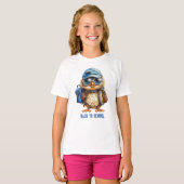 Wise Uil met blauwe rugzak, petten en een oogglas, T-shirt (Voorkant volledig)