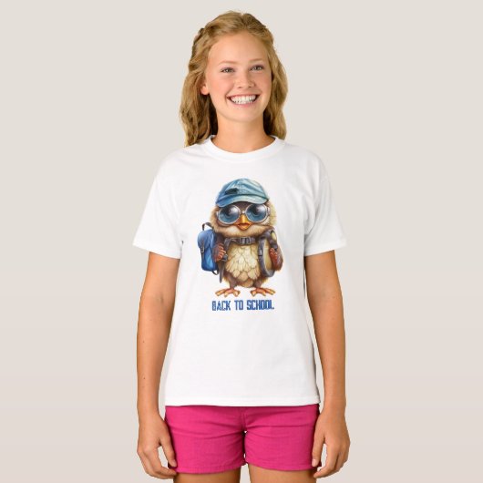 Wise Uil met blauwe rugzak, petten en een oogglas, T-shirt (Voorkant volledig)