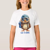 Wise Uil met blauwe rugzak, petten en een oogglas, T-shirt (Voorkant)