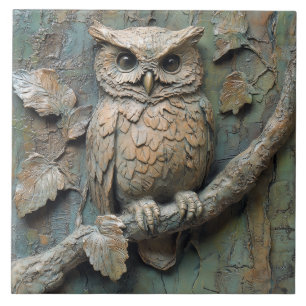 Wise Uil op Branch Wildlife Faux Relief Tegeltje