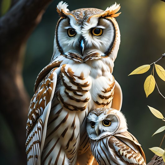 Wise white owl with baby sitting on a branch tissuepapier