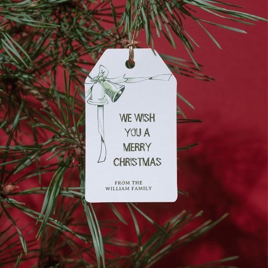 "Wish You Merry Christmas" Groene Waterverf Bells Cadeaulabel