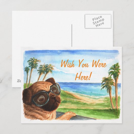 Wish you were here pug briefkaart (Voorkant / Achterkant)