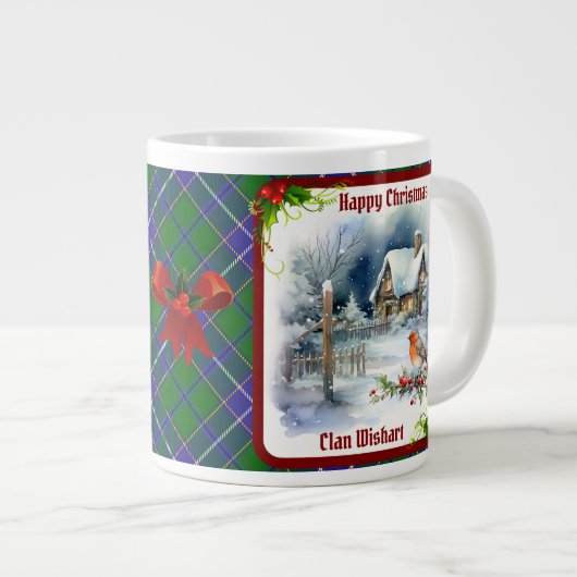 Wishart Tartan & Robin Christmas Personalized Grote Koffiekop (Voorkant rechts)