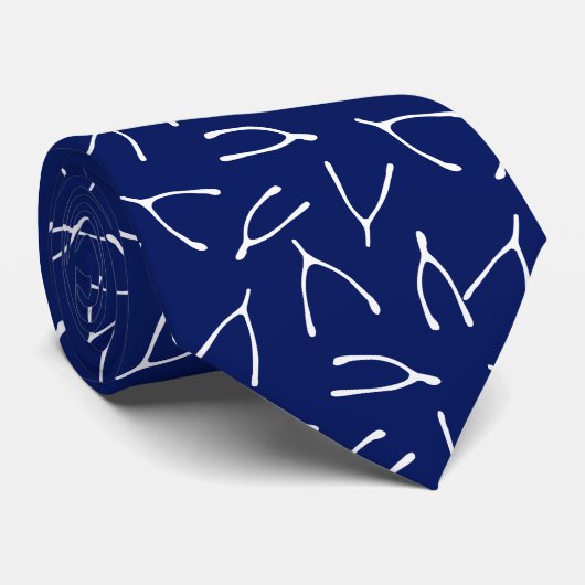 Wishbone Navy blauw en wit Good Luck Symbool Stropdas (Opgerold)