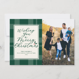 Wishing A Merry Christmas Green Plaid Photo Card Feestdagenkaart