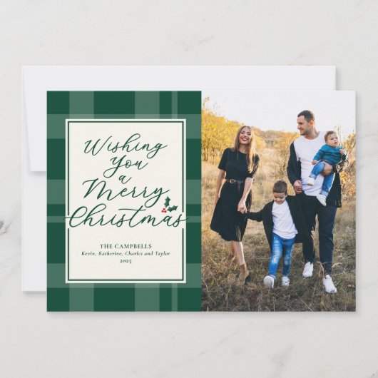 Wishing A Merry Christmas Green Plaid Photo Card Feestdagenkaart (Voorkant)