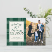 Wishing A Merry Christmas Green Plaid Photo Card Feestdagenkaart (Staand voorkant)