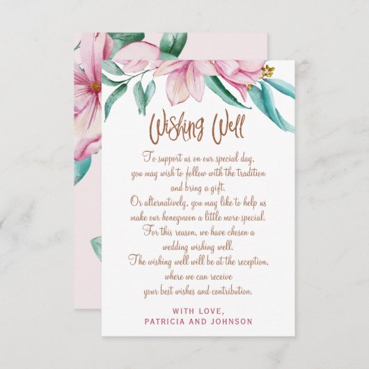 Wishing well glam floral roze koper script informatiekaartje (Voorkant / Achterkant)