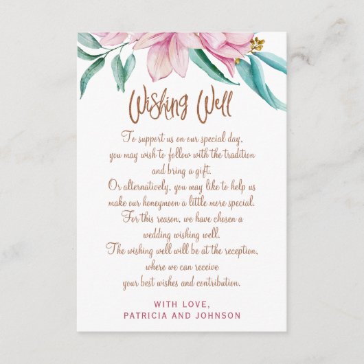 Wishing well glam floral roze koper script informatiekaartje (Voorkant)
