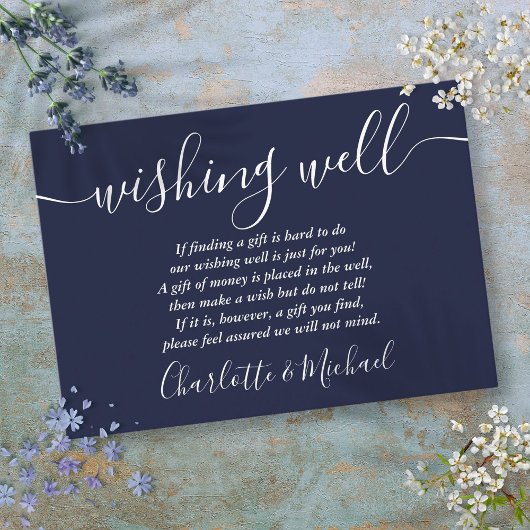 Wishing Well handtekening script Navy Blue Trouw Informatiekaartje