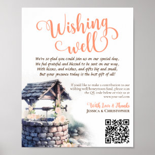 Wishing Well QR Code Koraal Perzik Rozen Bruiloft Poster