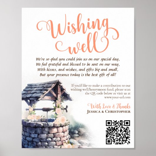 Wishing Well QR Code Koraal Perzik Rozen Bruiloft Poster (Voorkant)