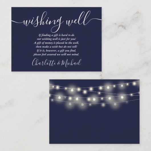 Wishing Well String Lights Navy Blue Bruiloft Informatiekaartje (Voorkant / Achterkant)