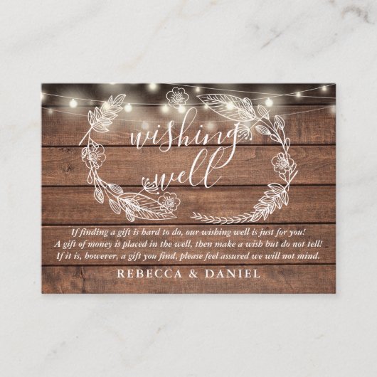 Wishing Well String Lights Rustieke Houten Bruilof Informatiekaartje (Voorkant)