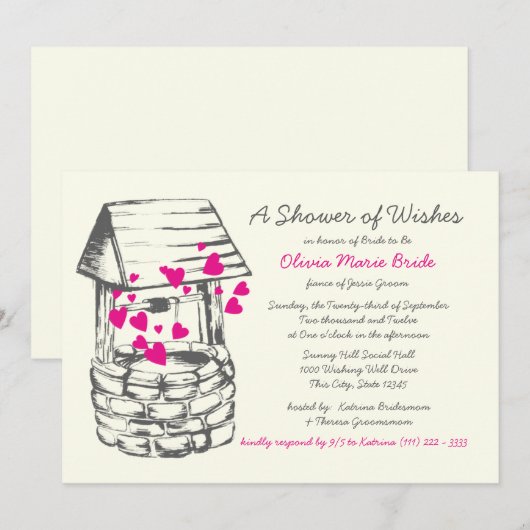 Wishing Well Vrijgezellenfeest Pink Hearts Kaart (Voorkant / Achterkant)