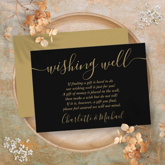 Wishing Well Zwarte En Gouden Script Bruiloft Informatiekaartje