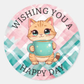 Wishing You a Happy Day | Cute Cat Ronde Sticker (Voorkant)