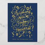 Wishing you a happy hanukkah handlettering folie feestdagen briefkaart<br><div class="desc">Handlettered "wishing you a happy hanukkah" blue and gold foil; background color is editable; photos on the back. postcard version</div>