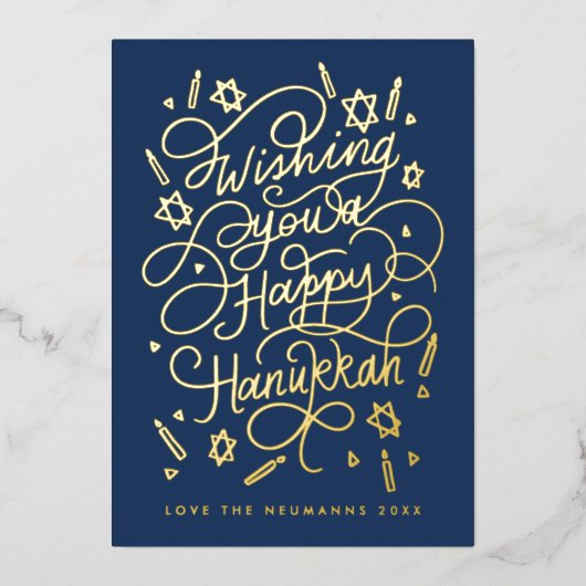 Wishing you a happy hanukkah handlettering folie feestdagenkaart (Voorkant)