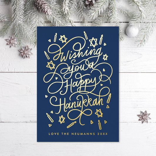 Wishing you a happy hanukkah handlettering folie feestdagenkaart