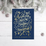 Wishing you a happy hanukkah handlettering folie wenskaart<br><div class="desc">Handlettered "wishing you a happy hanukkah" blue and gold foil; background color is editable; photos inside optional</div>