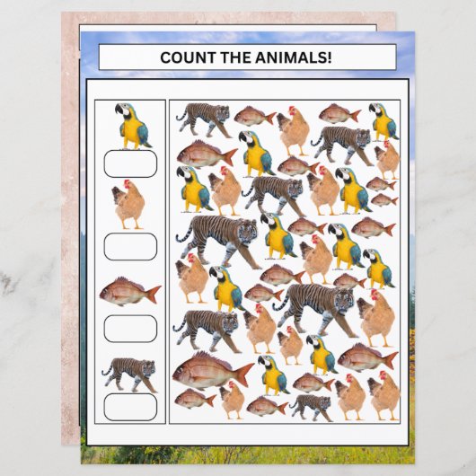 Wiskunde Werkblad Count the Animals & Vehicles Kin (Voorkant / Achterkant)