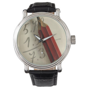 Wiskundige vergelijking met rode potlood, vintage  horloge