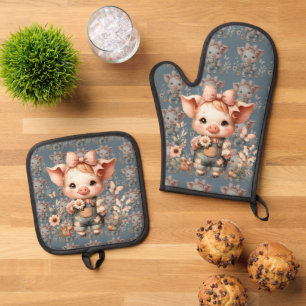 Wispelturig Biggetje in Pastelkleurige Overall Bla Ovenwant & Pannenlap Set