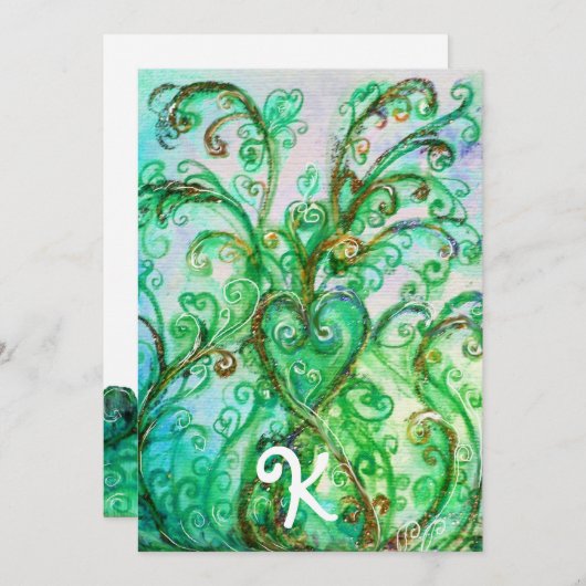 WISPELTURIGE GROENE KRULLEN HART BLOEMEN MONOGRAM KAART (Voorkant / Achterkant)
