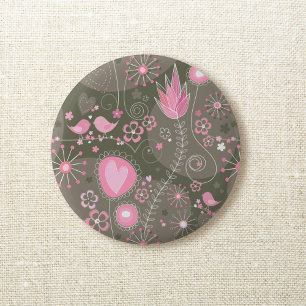 Wispelturige Roze en Grijze Harten, Vogels en Bloe Ronde Button 5,7 Cm