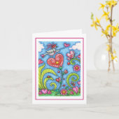 WISPELTURIGE VOLKSKUNST VOGEL, ROZE HARTEN TUIN Bl Kaart (Gele Bloem)