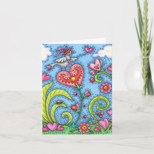 WISPELTURIGE VOLKSKUNST VOGEL, ROZE HARTEN TUIN Bl Kaart (Voorkant)