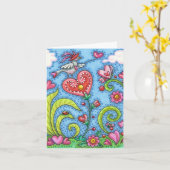 WISPELTURIGE VOLKSKUNST VOGEL, ROZE HARTEN TUIN Bl Kaart (Gele Bloem)