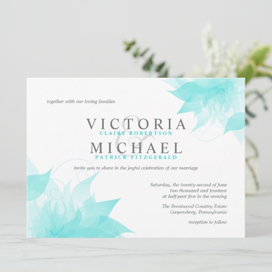 Wispy Blue Floral Wedding Invitations Kaart (Staand voorkant)