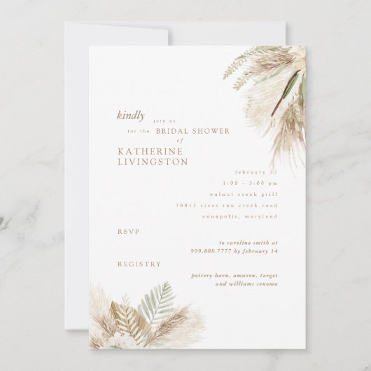 Wispy Boho Pampas White Bridal Shower Uitnodiging (Voorkant)