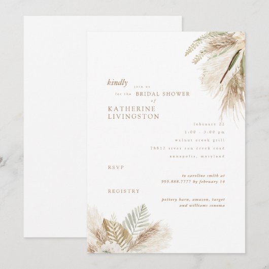 Wispy Boho Pampas White Bridal Shower Uitnodiging (Voorkant / Achterkant)