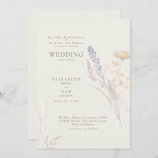 Wispy Botanical Cream Beide Ouders Bruiloft Kaart (Voorkant / Achterkant)