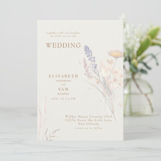 Wispy Botanical Floral Cream Samen Met Bruiloft Kaart (Staand voorkant)