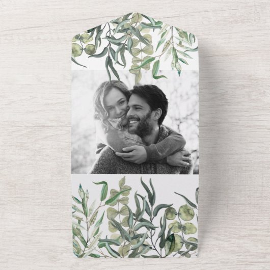 Wispy Eucalyptus Greenery Minimal Wedding All In One Uitnodiging (Buitenkant)