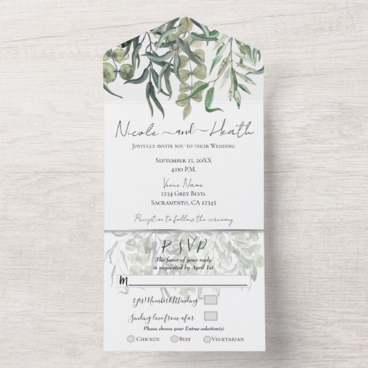 Wispy Eucalyptus Greenery Minimal Wedding All In One Uitnodiging (Binnen)