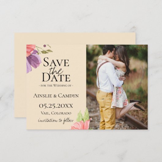 Wispy Floral Foto Save The Date Aankondiging (Voorkant / Achterkant)