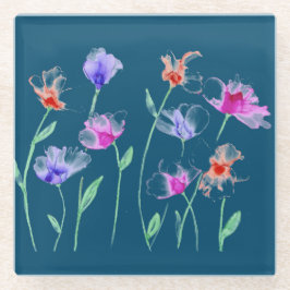 Wispy Flowers op Blauwgroen - Glazen Onderzetter