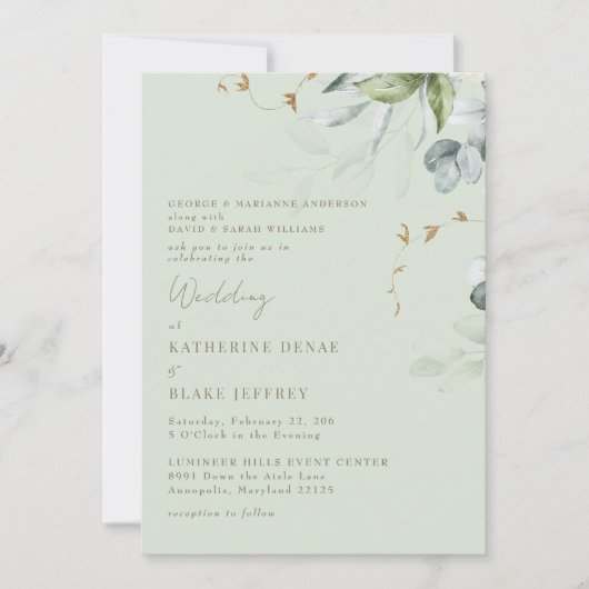 Wispy Foliage Light Sage Wedding Invitation II Kaart (Voorkant)
