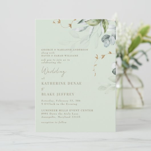 Wispy Foliage Light Sage Wedding Invitation II Kaart (Staand voorkant)