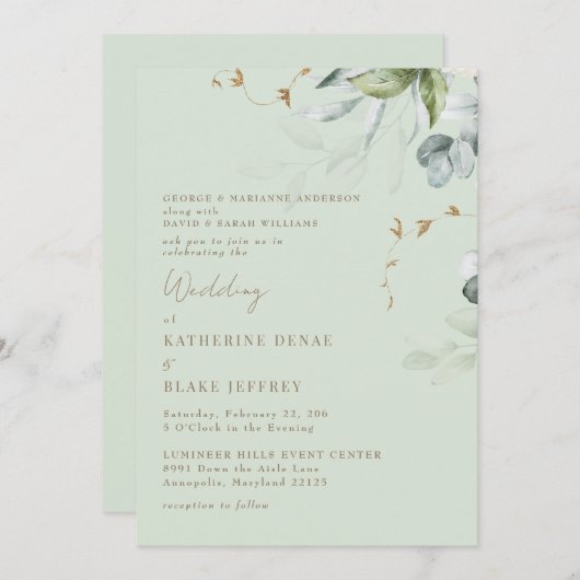 Wispy Foliage Light Sage Wedding Invitation II Kaart (Voorkant / Achterkant)