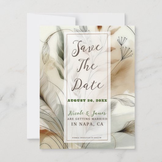 Wispy Green Modern Botanical Boho Save the Date Kaart (Voorkant)